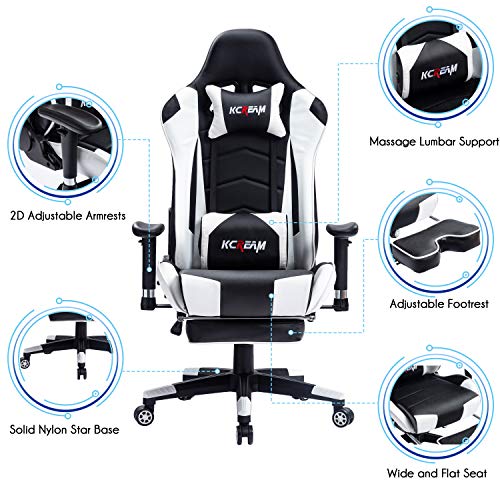 KCREAM Gaming Chair with Footrest Adults Gamer Chair High Back PU Leather Gaming Computer Chair Large Racing Game Chair, with Adjustable Armrests and Massage Lumbar Support (White)