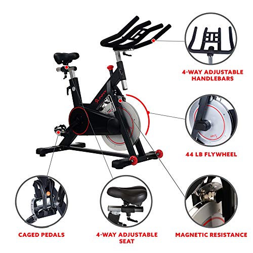 Sunny Health & Fitness Magnetic Belt Drive Indoor Cycling Bike with 44 lb Flywheel and Large Device Holder, Black, Model Number: SF-B1805