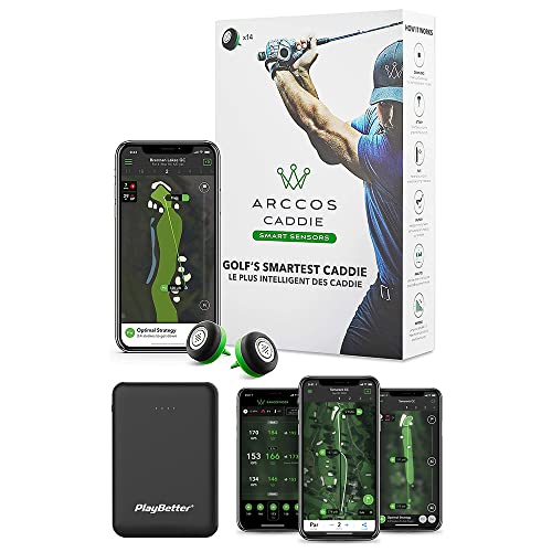 Arccos Caddie Smart Sensors (3rd Generation) Power Bundle with PlayBetter Portable Charger - Set of 14 Golf Shot Tracker System - A.I. Powered GPS Rangefinder - On-Course Swing Analyzer for Every Club