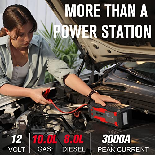 GOOLOO GTX280 Portable Power Station 3000A Jump Starter, 280Wh Lithium Battery Backup with 100W in/Out Fast Charging & 150W DC/120W AC Output, Jump Box for 12V Vehicles with Detachable AC Outlet