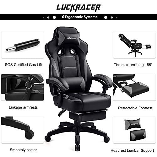 Luckracer Gaming Chair with Footrest Office Desk Chair Ergonomic Gaming Chair Pu Leather High Back Adjustable Swivel Lumbar Support Racing Style E-Sports Gamer Chairs Gray