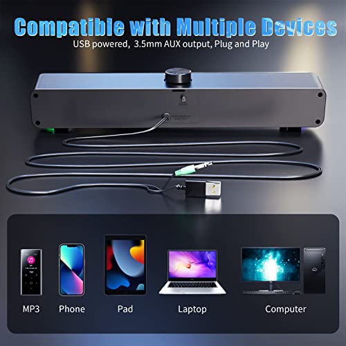 USB-Powered Computer Speakers, HPYLIF·H Wired Computer Gaming Sound Bar with RGB Light, PC Speakers for Desktop, Monitor, Laptop, Plug and Play