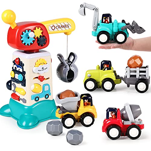 iPlay, iLearn Toddler Electronic Construction Crane Toys Set, Baby Musical Activity Cube w/ 4 Inertia Push Go Vehicles, Tractor Backhoe Dump Truck, Birthday Gifts 18 Month 2 3 Year Old Infant Boy Girl