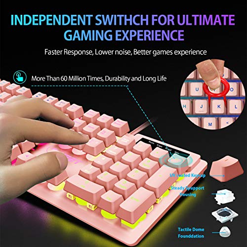 NPET K10 Gaming Keyboard, LED Backlit, Spill-Resistant Design, Multimedia Keys, Quiet Silent USB Membrane Keyboard for Desktop, Computer, PC (Pink)