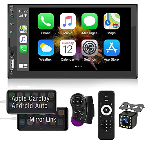 Double Din Car Stereo Radio Bluetooth Touch Screen - Apple Carplay & Android Auto - 7 Inch HD LCD Monitor with USB/TF/AUX Port, AM/FM, Steering Wheel, Mirror Link, Backup Camera