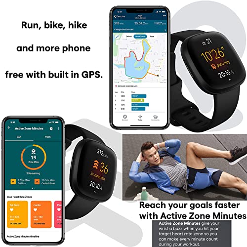 Fitbit Versa 3 Health & Fitness Tracker Smart Watch (Black) with Built-in GPS, Alexa, 24/7 Heart Rate, S & L Bands, Bundle with Charge Dock, Wall Adapter, Screen Protectors & PremGear Cloth for Fitbit