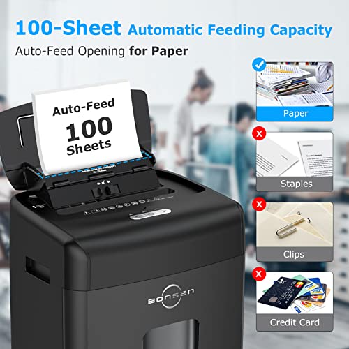 BONSEN Paper Shredder, 100-Sheet Autofeed & 10-Sheet Manual Micro Cut Shredder Heavy Duty, P-4 High Security Paper/Credit Cards/Staples/Clips Shredder with 4 Casters, 6 Gals Bin