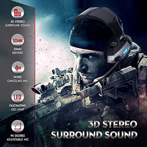 Gaming Headset with Microphone, Gaming Headphones Stereo 7.1 Surround Sound PS4 Headset 50mm Drivers, 3.5mm Audio Jack Over Ear Headphones Wired for PC Switch Playstation Xbox PS5 Laptop