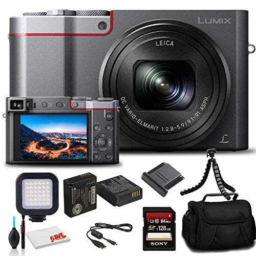 Panasonic Lumix DMC-ZS100 Digital Camera (Silver) (DMC-ZS100S) - Bundle - with 128GB Memory Card + LED Video Light + DMW-BLE9 Battery + Soft Bag + 12 Inch Flexible Tripod + Cleaning Set