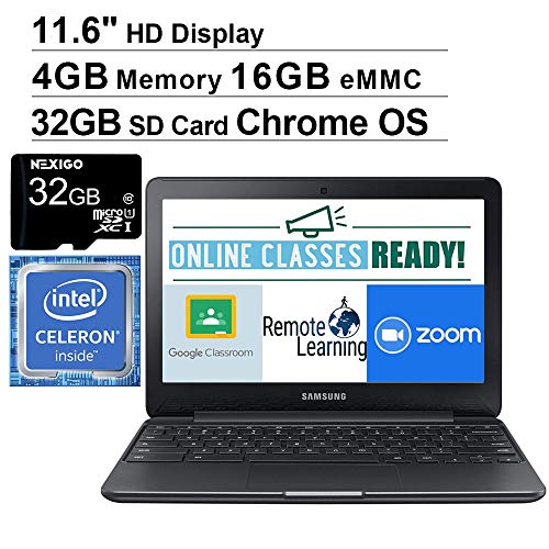 2020 Samsung Chromebook 11.6 Inch Non-Touch Laptop, Intel Celeron N3060 up to 2.48 GHz, 4GB LPDDR3 RAM, 16GB eMMC, WiFi, Bluetooth, HDMI, Webcam, Chrome OS + NexiGo 32GB MicroSD Card Bundle