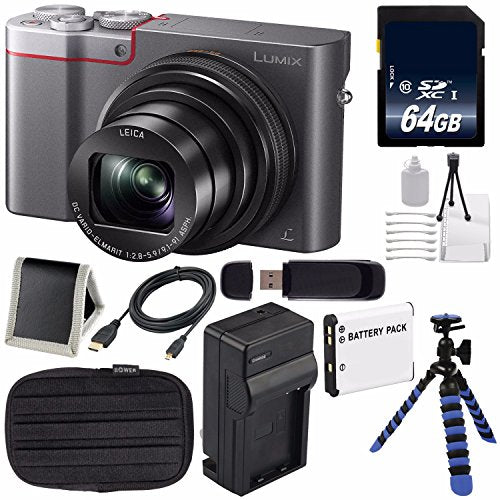 Panasonic LUMIX 4K DMC-ZS100 Digital Compact Camera (Silver) + 64GB Memory Card + Extra Battery + Charger + Tripod Bundle