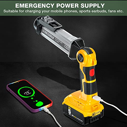 Rechargeable LED Work Light for Dewalt 20V MAX Lithium Battery, YEX-BUR 35W 2000LM Bright Floodlight Spotlight Portable Flashlight with Hook for Camping, Job Site Lighting, Car Repairing, Workshop