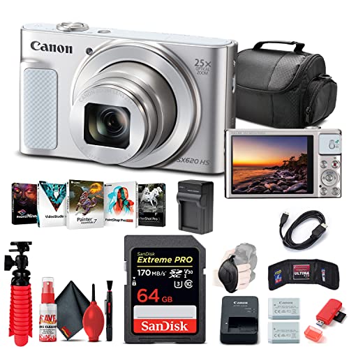 Canon PowerShot SX620 HS Digital Camera (Silver) (1074C001), 64GB Memory Card, NB13L Battery, Corel Photo Software, Charger, Card Reader, Soft Bag, Flex Tripod + More (International Model)