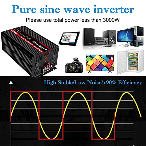 JIGUUN 3000 Watt Pure Sine Wave Inverter, Power Converter 12V DC to 110v/120v AC, Car Inverter with 4 AC Outlets&USB Port 170ft Wireless Remote Control for RV Camping Truck(3000W-12V)