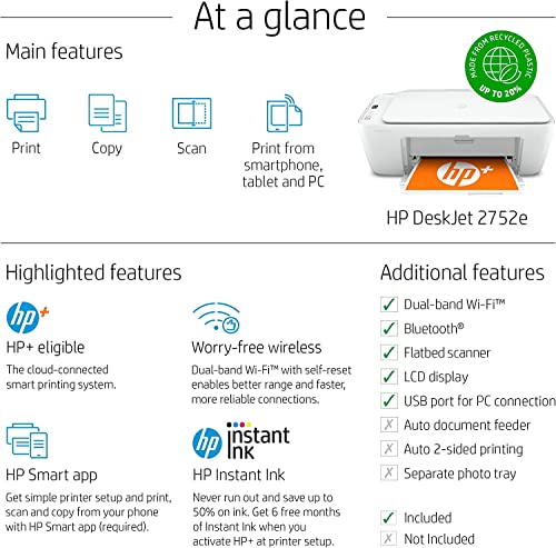 HP DeskJet 2752e Wireless All-in-One Instant Ink Ready Color Inkjet Printer, White - Print Scan Copy - WiFi, Bluetooth, USB Connectivity, Icon LCD Display, 1200 x 1200 dpi, Cbmou External Webcam