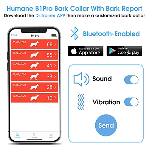 Dr.Trainer Bark Collar with APP/ Watch Control, Automatic No Shock No Pain Anti Bark Collar with Custom Sound/Vibration/Barking Report, Rechargeable Rainproof Smart Progressive Correction (B1Pro)