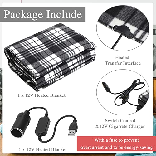 Electric Car Blanket 12V 58 x 43 Inches Travel Heated Fleece Blanket with Temperature Controller and USB Charger Car Outlet Adapter for Car, Truck Cold Weather Tailgating and Emergency Kit