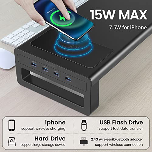 Vaydeer USB3.0 Wireless Charging Aluminum Monitor Stand Riser Support Transfer Data and Charging,Keyboard and Mouse Storage Desk Organizer up to 27inch for Computer MacBook PC (Black）