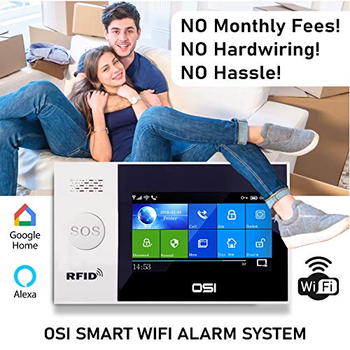【OSI Wireless WiFi Smart Home Security DIY Alarm SYSTEM-14 Piece】 DIY Home Wi-Fi Alarm Kit with Motion Detector,Notifications with app,Door/Window Sensor, Siren,Compatible with Alexa,NO Monthly Fees
