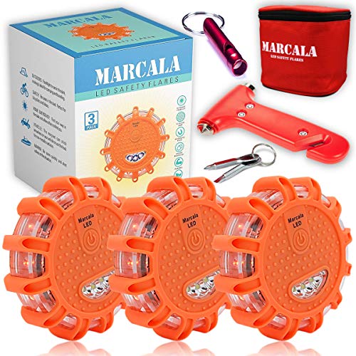 MARCALA LED Road Flares Emergency Lights | 3-Pack Roadside Safety Disc Kit w/ a Whistle | DOT Compliant Emergency Flares for Car w/ Batteries installed & 4 Items | Feel safer on the road!