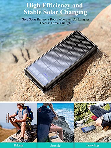 Portable Charger 36800mAh, LENGSUM Power Bank Solar Charger with 2 Output Ports, Built-in 2 Durable Cables, External Battery Pack for Cellphone and Tablet