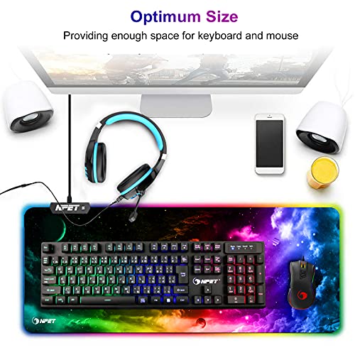 NPET MP02-05 Gaming Mouse Pad, Cloth Mouse Pad, Anti-Slip Base, RGB Backlit, Stitched Edges, Water-Resistant, Optimized for Gaming Sensors, XL