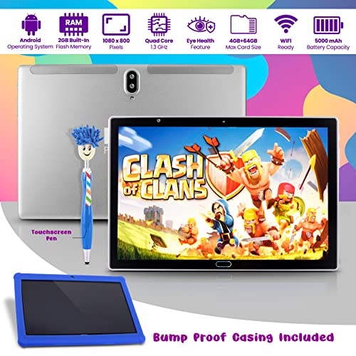 10.1” Kids Tablet w/Stylus Pen - 10.1-Inch Android Tablet w/ 1080p HD Display, Dual Camera, WiFi Compatibility, Quad-Core Processor, 1GB RAM, 8GB Storage, Kid-Proof Cover (Blue)