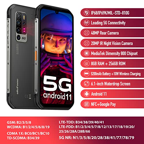 Ulefone Armor 11 5G Rugged Phones Unlocked, IR Night Vision Camera 8GB 256GB Waterproof Smartphones, 48MP Penta Camera, Android 11, 6.1 inch FHD, NFC, 5200mAh QI 10W Wireless Charging, Global Version