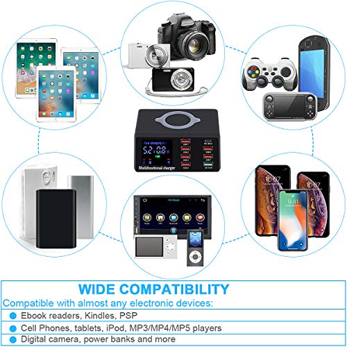 USB Charger, 100W 8-Port Desktop Charging Station Hub with Quick Charge QC 3.0 USB Port, with PD Fast Charger and LCD Display Wireless Charging Station