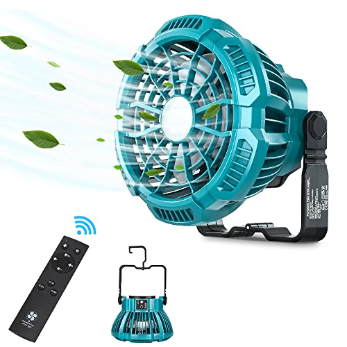 for Makita Fan Hiesuan Portable Camping Fan with Lantern, Remote, 3 Speed Brightness, 4H Timer, Foldable Hook Rechargeable Cordless Jobsite Small Personal Fan for Makita 14.4V-18V Li-Ion Battery