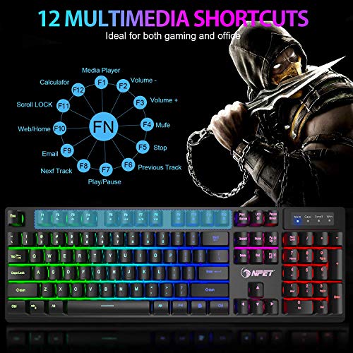 NPET K10 Gaming Keyboard USB Wired Floating Keyboard, Quiet Ergonomic Water-Resistant Mechanical Feeling Keyboard, Ultra-Slim Rainbow LED Backlit Keyboard for Desktop, Computer, PC (Renewed)