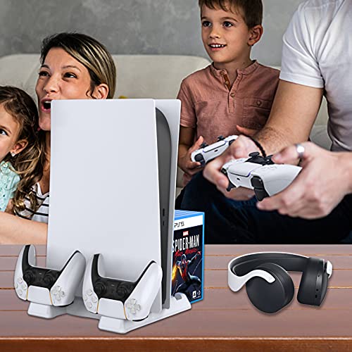 NexiGo PS5 Accessories Stand with Cooling Station for Playstation 5 Disc & Digital Editions, Dual Controllers Charger, Extra USB Ports, 3 Levels Adjustable Fans Speed, 11 Game Rack Organizer, White