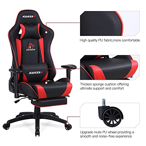 KARXAS Ergonomic Gaming Chair with Footrest High Back Computer Chair PU Leather Office Chair Racing Style Desk Chair Massage Reclining Chair with Headrest and Lumbar Pillow (Red)