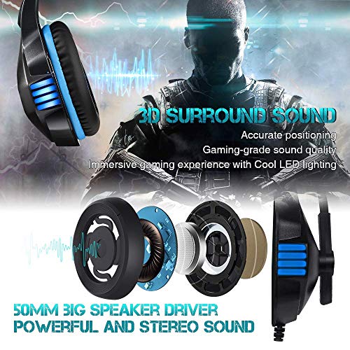 Micolindun Gaming Headset for Xbox One, PS4, PC, Over Ear Gaming Headphones with Noise Cancelling Mic LED Light, Stereo Bass Surround, Soft Memory Earmuffs for Smart Phone, Laptops, Tablet
