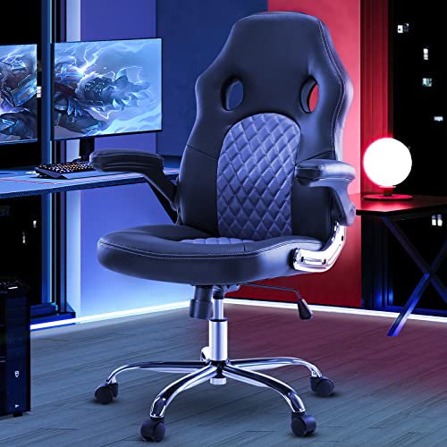 JHK Gaming Chair Ergonomic Office Chair, PU Leather Gamer Chair with Padded Flip-up Armrests and Lumbar Support, Height Adjustable Computer Desk Chair PC Gaming Chair for Adults Teens, Grey