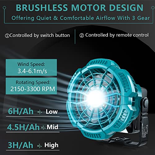 for Makita Fan Hiesuan Portable Camping Fan with Lantern, Remote, 3 Speed Brightness, 4H Timer, Foldable Hook Rechargeable Cordless Jobsite Small Personal Fan for Makita 14.4V-18V Li-Ion Battery