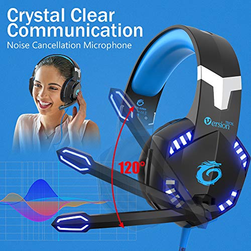 VersionTECH. G2000 Gaming Headset for PS5 PS4 PC Xbox One, Surround Sound Over Ear Headphones with Mic, LED Light for Mac Laptop Switch Playstation Xbox Series X/S -Blue