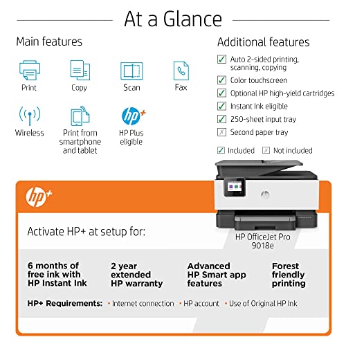 HP OfficeJet Pro 9018e Wireless All-in-One Inkjet Color Printer, Auto 2-Sided, Print & Copy & Scan & Fax, 22ppm, 4800 x 1200dpi, 35-Sheet ADF, 2.7" Color Touchscreen Display, Lanbertent Printer Cable