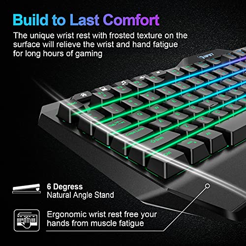 NPET K31 Gaming Keyboard, Wired LED Backlit Computer Keyboard with 10 Dedicated Multimedia Keys, USB Ergonomic Wrist Rest Mechanical Feeling Keyboard for Windows/Desktop/Computer/PC