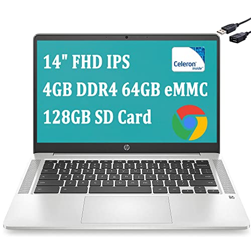 HP Chromebook 14 Laptop Computer I 14" FHD IPS I Intel Celeron N4000 I 4GB DDR4 64GB eMMC 128G SD Card I USB-C Webcam B&O Play Intel UHD Graphics 600 Chrome OS + USB Extension