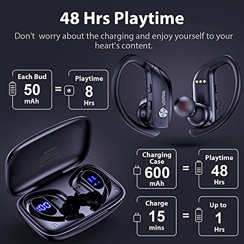 Wireless Earbuds Bluetooth Headphones 48hrs Play Back Sport Earphones with LED Display Over-Ear Buds with Earhooks Built-in Mic Headset for Workout Black BMANI-VEAT00L