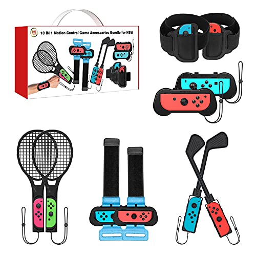 2022 Switch Sports Accessories Bundle - Uxilep 10 in 1 Family Accessories Kit for Nintendo Switch Sports Games : Golf Clubs for Mario Golf Super Rush,Just Dance Wrist Bands,Soccer Leg Straps,Joycon Grip Cases And Tennis Rackets