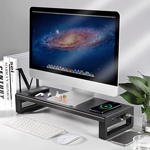 Vaydeer USB3.0 Wireless Charging Aluminum Monitor Stand Riser Support Transfer Data and Charging,Keyboard and Mouse Storage Desk Organizer up to 27inch for Computer MacBook PC (Black）