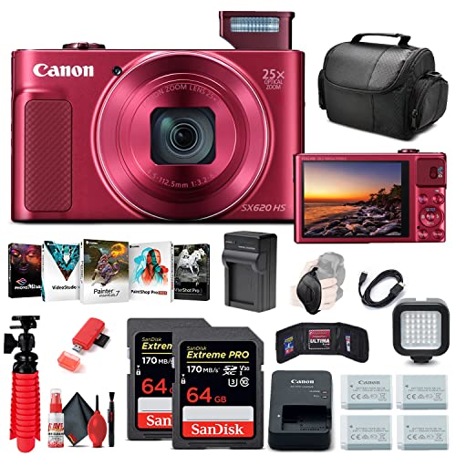 Canon PowerShot SX620 HS Digital Camera (Red) (1073C001), 2 x 64GB Card, 3 x NB13L Battery, Corel Photo Software, Charger, Card Reader, LED Light, Soft Bag + More (International Model)