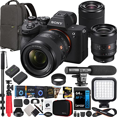 Sony a7 IV Full Frame Mirrorless Camera Body with 2 Lens Kit FE 35mm F1.4 GM G Master + 28-70mm ILCE-7M4K/B + SEL35F14GM Bundle w/Deco Gear Backpack + Monopod + Extra Battery, LED and Accessories