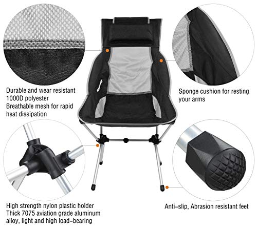 MARCHWAY Lightweight Folding High Back Camping Chair with Headrest, Portable Compact for Outdoor Camp, Travel, Picnic, Festival, Hiking, Backpacking (Black)