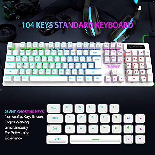 NPET K10 Gaming Keyboard, RGB Backlit, Spill-Resistant Design, Multimedia Keys, Quiet Silent USB Membrane Keyboard for Desktop, Computer, PC (White)