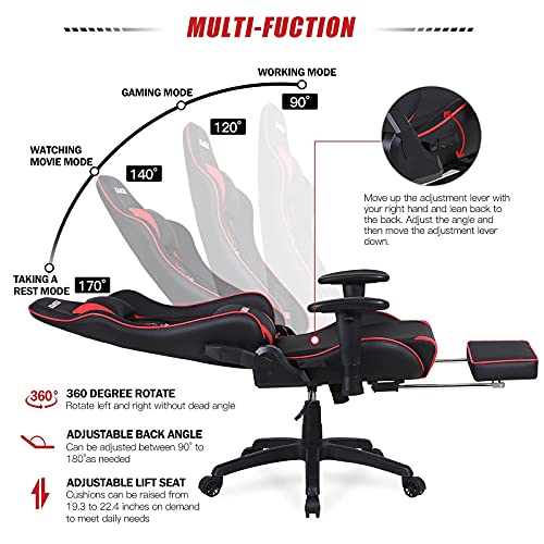 KARXAS Ergonomic Gaming Chair with Footrest High Back Computer Chair PU Leather Office Chair Racing Style Desk Chair Massage Reclining Chair with Headrest and Lumbar Pillow (Red)