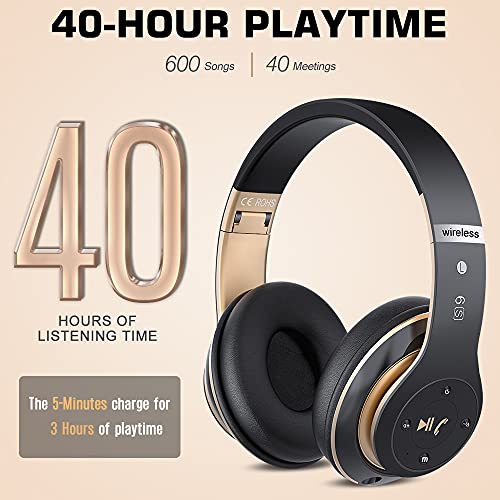 6S Wireless Bluetooth Headphones Over Ear, Hi-Fi Stereo Foldable Wireless Stereo Headsets Earbuds with Built-in Mic, Volume Control, FM for Phone/PC (Black & Gold)