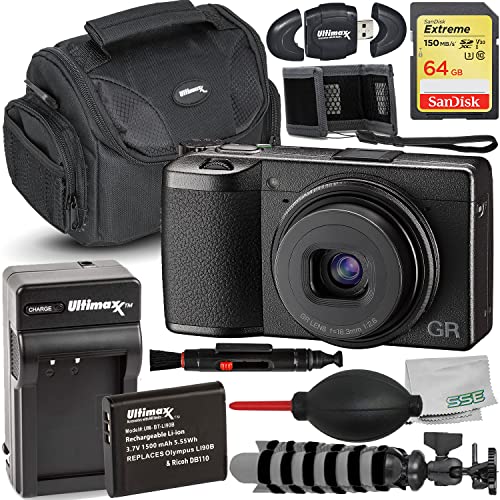 Ricoh GR III Digital Camera + SanDisk 64GB Extreme SDXC Memory Card, Extended Life Replacement Battery with Rapid Charger, Water-Resistant Gadget Bag, Mini Gripster Tripod (18pc Bundle), RIGRIIIBEB1